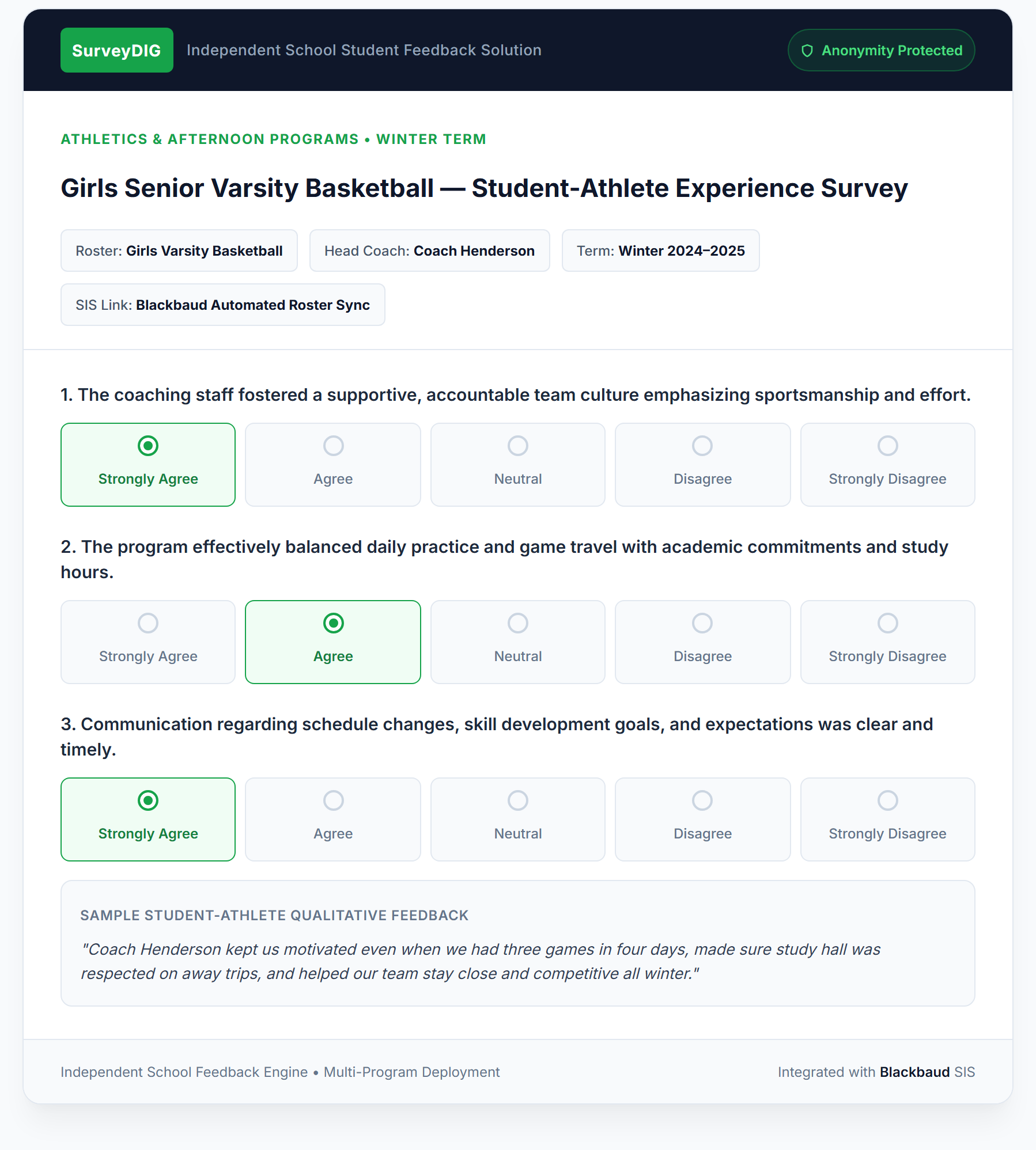 Girls Senior Varsity Basketball Student-Athlete Experience Survey card with Blackbaud SIS integration