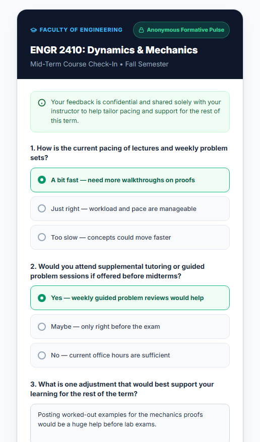Mobile Formative Check-In: A concise, anonymous survey allowing students to request tutoring resources and pacing adjustments